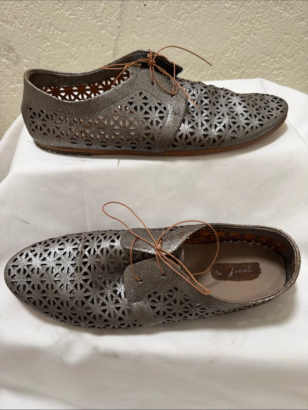 Marselle Metallic Silver Laser-Cut Lace-Up Flats